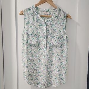LOFT Sleeveless Blouse White Green Mandarin Collar